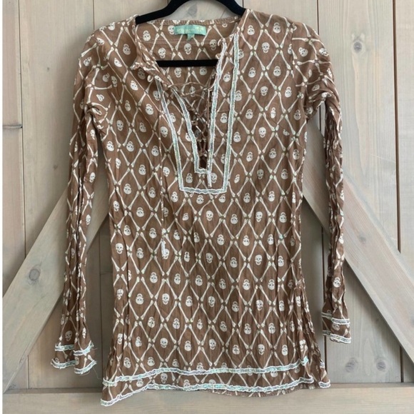 LeTarte Longsleeve Keyhole BOHO Skull Swim Coverup Brown White Patterned Tunic S - Picture 9 of 9